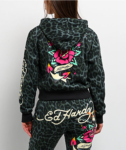 Ed Hardy Anchor Rose Green Leopard Crop Zip Hoodie | Zumiez