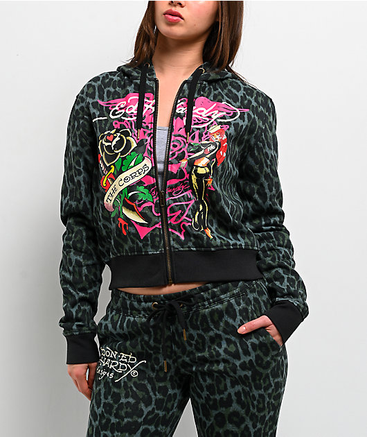 Ed Hardy Anchor Rose Green Leopard Crop Zip Hoodie | Zumiez