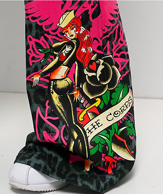 Ed Hardy Anchor Rose Green Leopard Flare Sweatpants | Zumiez