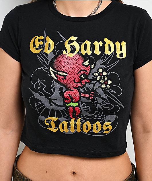 Ed Hardy Baby Devil Rhinestone Black Crop T-Shirt