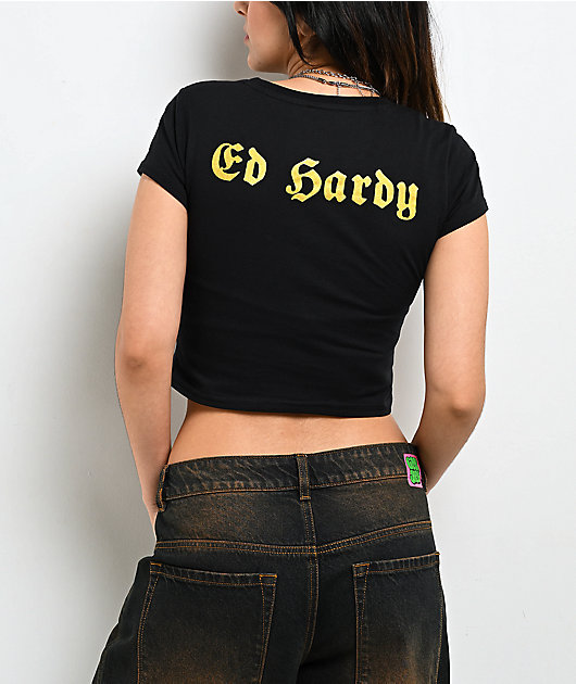 Ed Hardy Baby Devil Rhinestone Black Crop T-Shirt
