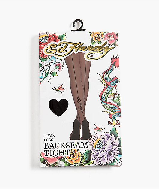 Ed Hardy Backseam Logo Sheer Black Tights
