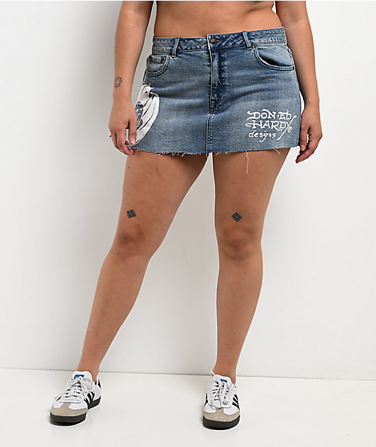 Ed Hardy Bat Blue Denim Cutoff Mini Skirt