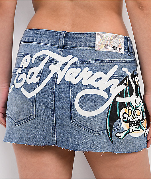 Ed Hardy Bat Blue Denim Cutoff Mini Skirt