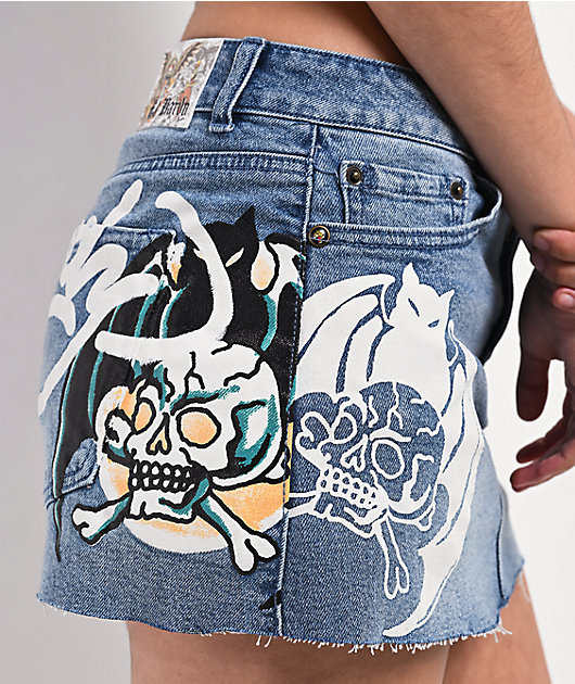 Ed Hardy Bat Blue Denim Cutoff Mini Skirt