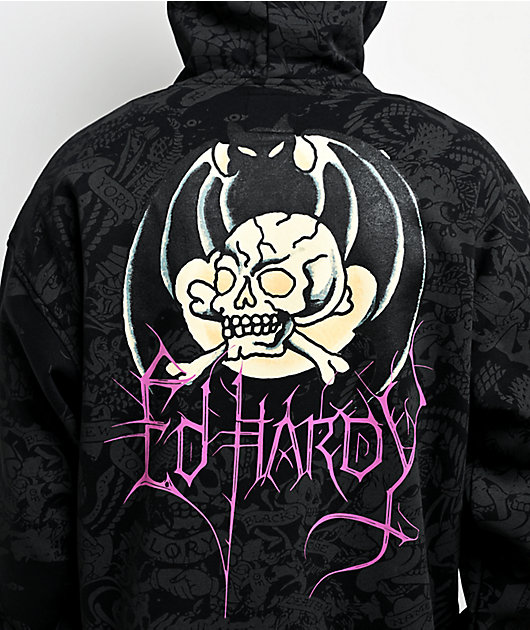 Ed Hardy Bat Skull Faux Fur Black Zip Hoodie | Zumiez