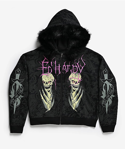 Ed Hardy Bat Skull Faux Fur Black Zip Hoodie | Zumiez