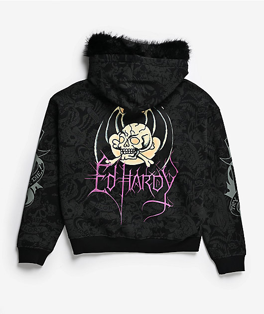 Ed Hardy Bat Skull Faux Fur Black Zip Hoodie | Zumiez