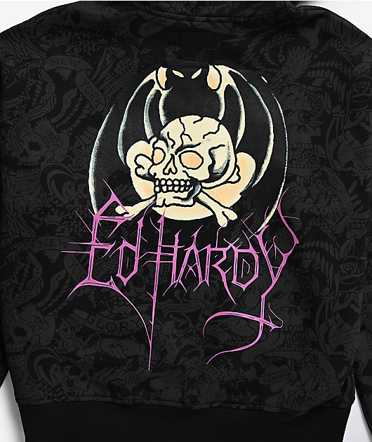 Ed Hardy Bat Skull Faux Fur Black Zip Hoodie | Zumiez