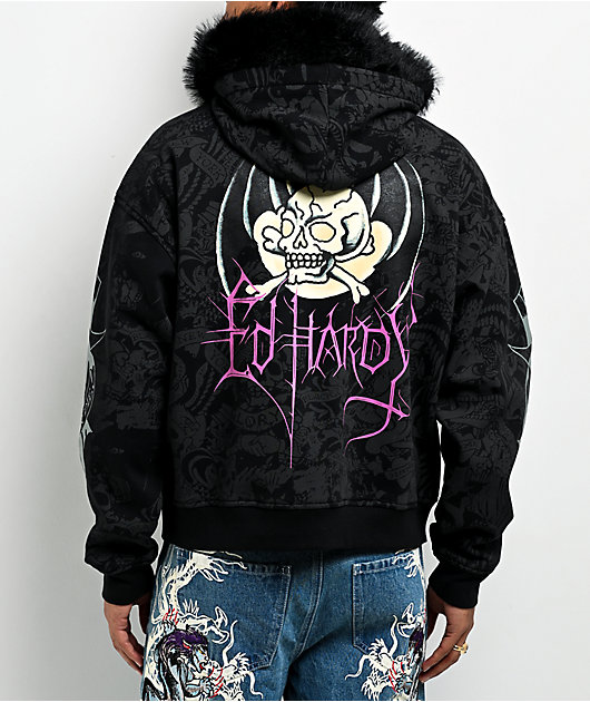 Ed Hardy Bat Skull Faux Fur Black Zip Hoodie | Zumiez