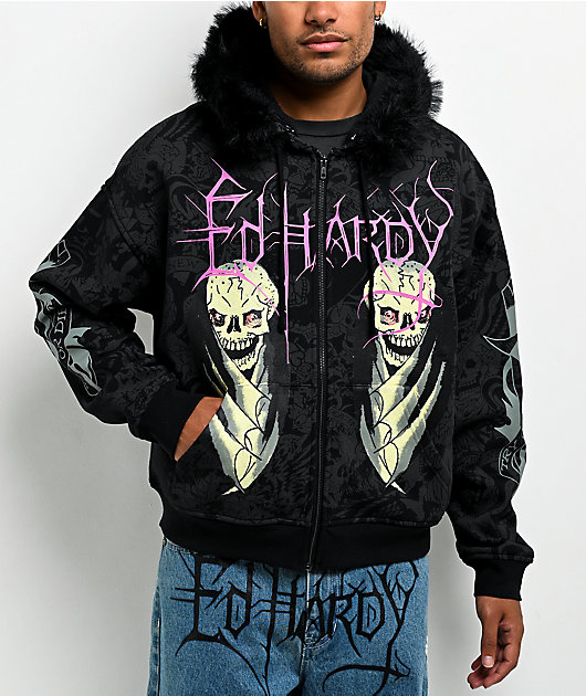 Ed Hardy Bat Skull Faux Fur Black Zip Hoodie | Zumiez