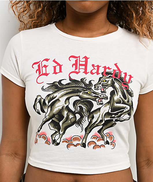 Ed Hardy Battle Horses Ivory Crop T-Shirt