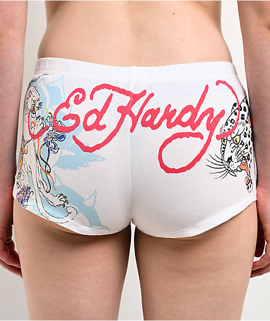 Ed Hardy Blue Leopard White Micro Shorts | Zumiez