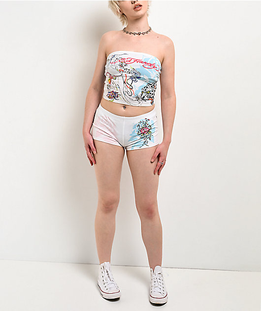Ed Hardy Blue Leopard White Micro Shorts | Zumiez