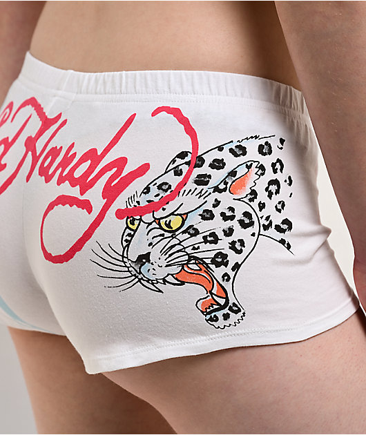 Ed Hardy Blue Leopard White Micro Shorts | Zumiez