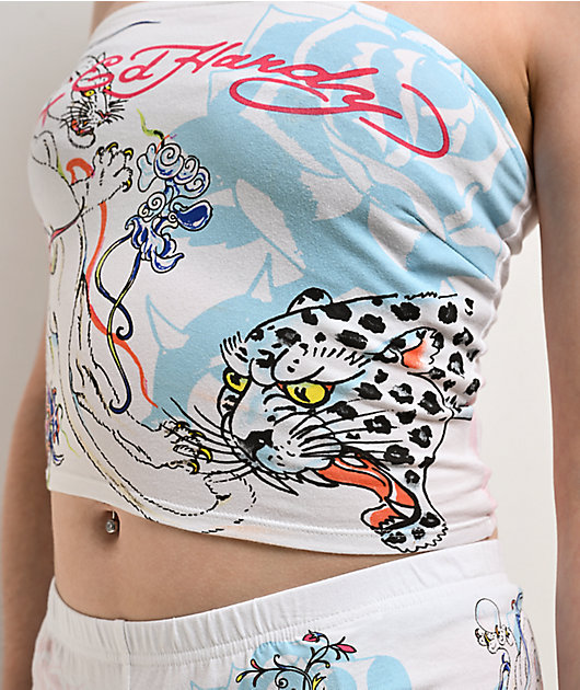 Ed Hardy Blue Leopard White Tube Top