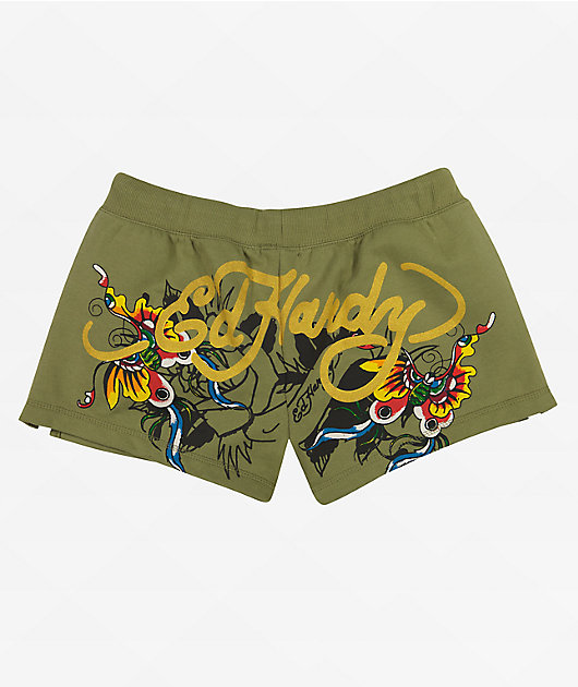 Ed Hardy Butterflies Olive Fleece Sweat Shorts | Zumiez