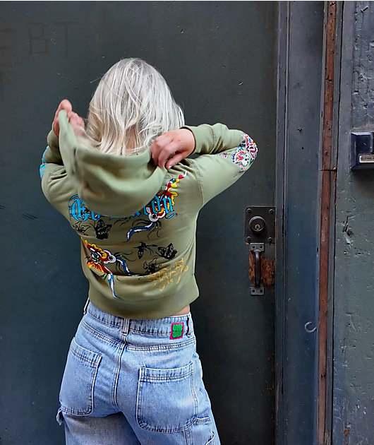 Ed Hardy Butterflies Y2K Olive Crop Zip Hoodie | Zumiez