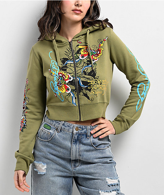 Ed hardy y2k double zip up パーカー グランジ 00s Ed Hardy Butterflies Y2K Olive Crop Zip Hoodie | Zumiez