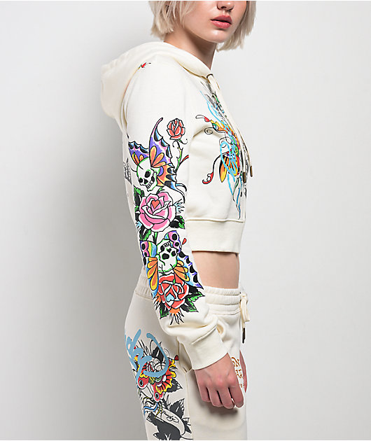 Ed Hardy Butterfly Ivory Crop Zip Hoodie | Zumiez