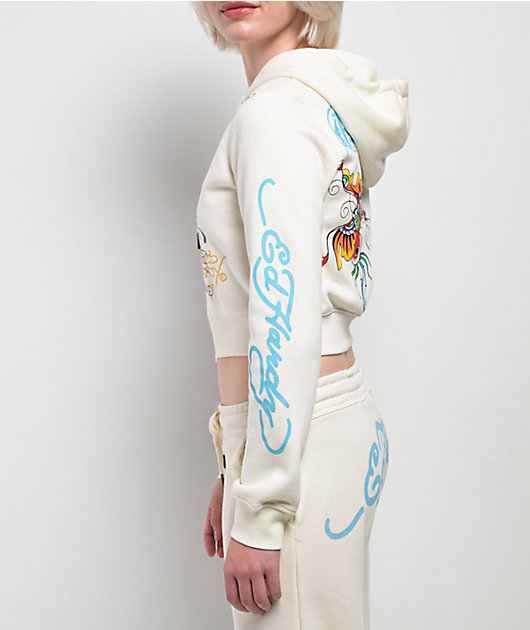 Ed Hardy Butterfly Ivory Crop Zip Hoodie | Zumiez
