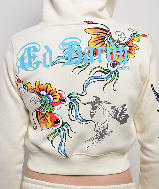 Ed Hardy Butterfly Ivory Crop Zip Hoodie