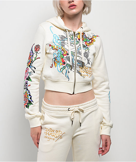 Ed Hardy Butterfly Ivory Crop Zip Hoodie | Zumiez