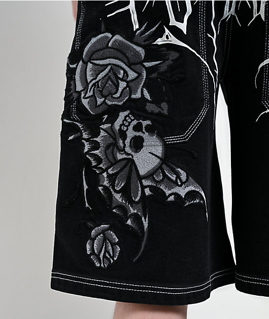 Ed Hardy Butterfly Skull Black Wash Jean Shorts