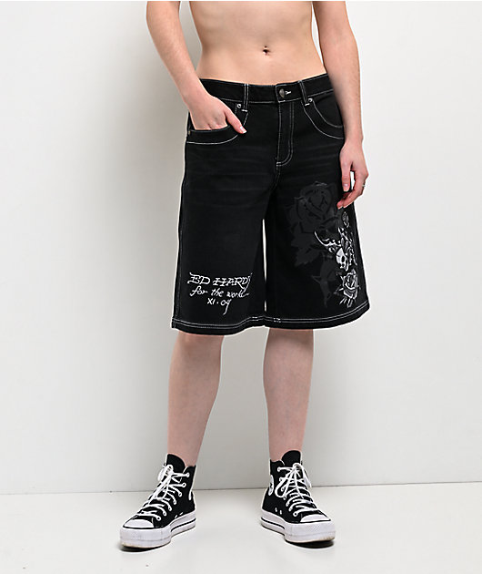 Ed Hardy Butterfly Skull Black Wash Jean Shorts