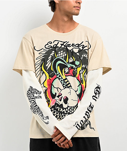 Ed Hardy Cobra Skull Beige & Cream 2fer Long Sleeve T-Shirt | Zumiez