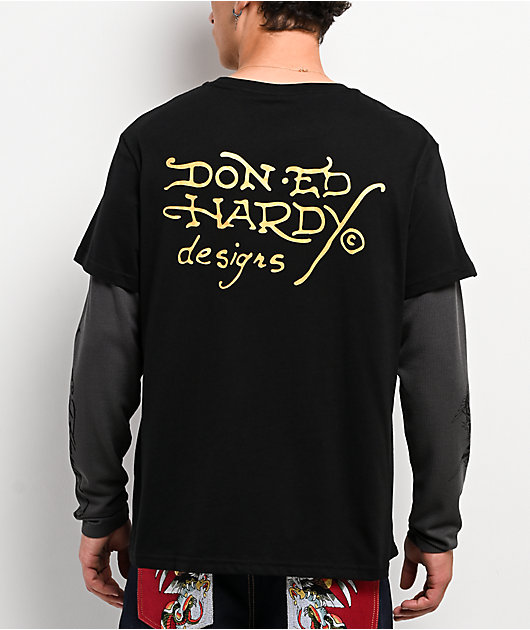 Ed Hardy Corp Dagger Black & Grey 2fer Long Sleeve T-Shirt