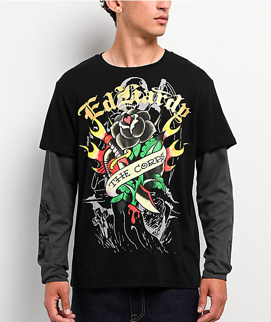 Ed Hardy Corp Dagger Black & Grey 2fer Long Sleeve T-Shirt | Zumiez