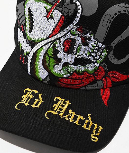 Ed Hardy スカルキャップ Ed Hardy Cowboy Skull Black Trucker Hat | Zumiez