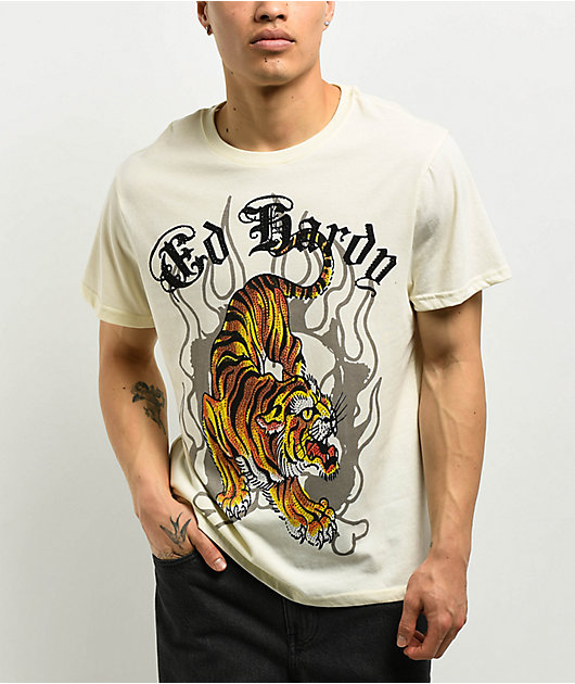 Ed Hardy Crawling Tiger Rhinestone Ivory T-Shirt | Zumiez