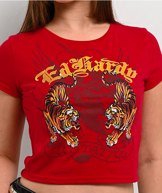 Ed Hardy Crawling Tigers Cherry Crop T-Shirt