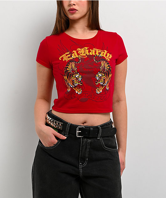 Ed Hardy Crawling Tigers Cherry Crop T-Shirt
