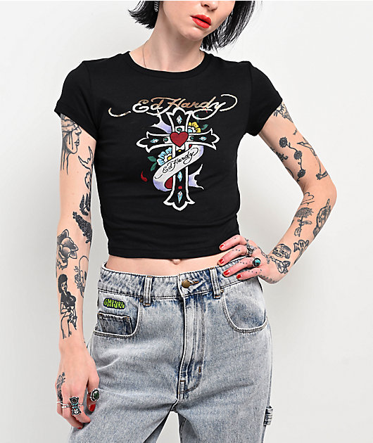 Ed Hardy クロス ブラック クロップドTシャツ Ed Hardy Cross Black Crop T-Shirt | Zumiez