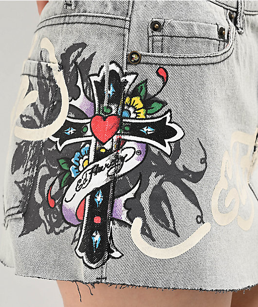Ed Hardy Cross Denim Cutoff Mini Skirt