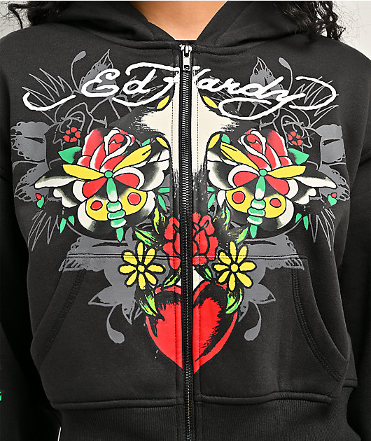 Ed Hardy Cross Heart Black Crop Zip Hoodie