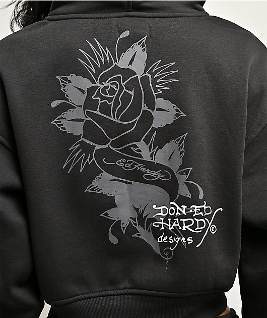 Ed Hardy Cross Heart Black Crop Zip Hoodie