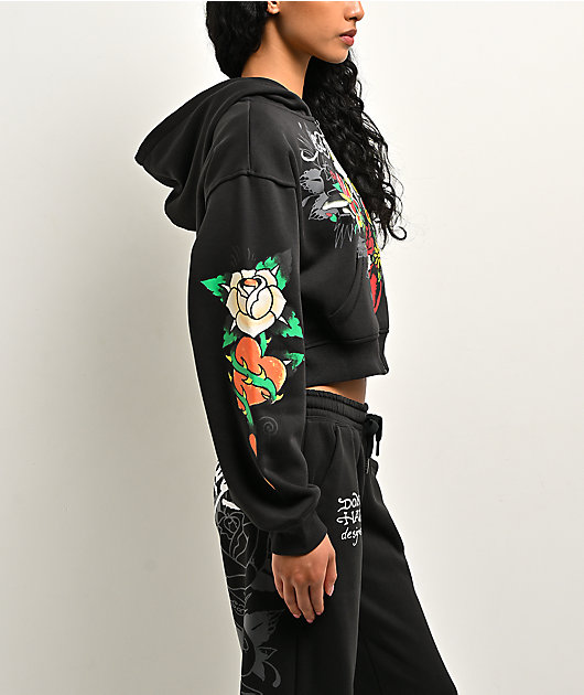 Ed Hardy Cross Heart Black Crop Zip Hoodie