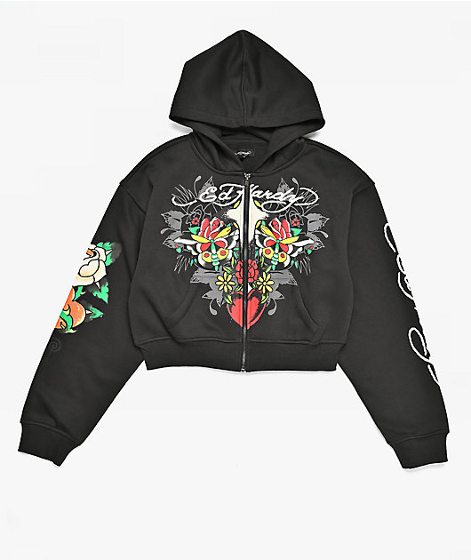 Ed Hardy Cross Heart Black Crop Zip Hoodie