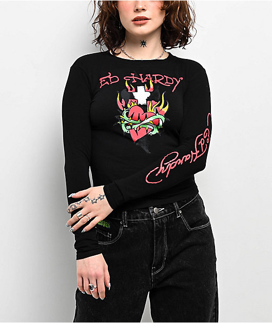 Cross Front Long Sleeve Going Out Crop Top Black –