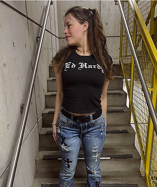 Ed Hardy Cross Heart Cap Sleeve Black T-Shirt | Zumiez