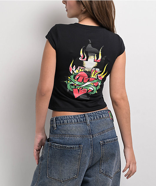 Ed Hardy Cross Heart Cap Sleeve Black T-Shirt | Zumiez
