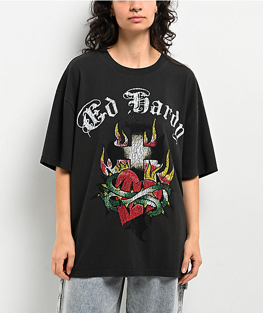 Ed Hardy Cross Heart Charcoal Boxy T-Shirt | Zumiez