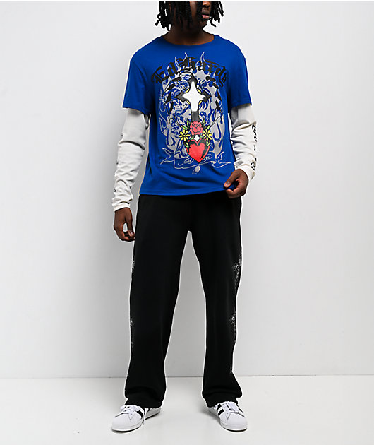 Ed Hardy Cross Heart French Blue & White 2fer Long Sleeve T-Shirt