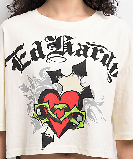 Ed Hardy Cross Heart Ivory Boxy Crop T-Shirt