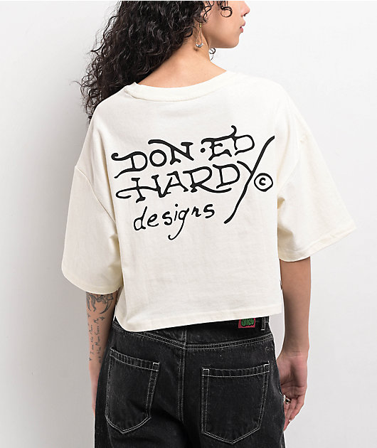 Ed Hardy Cross Heart Ivory Boxy Crop T-Shirt