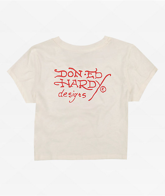 Ed Hardy Cross Heart Ivory Crop T-Shirt